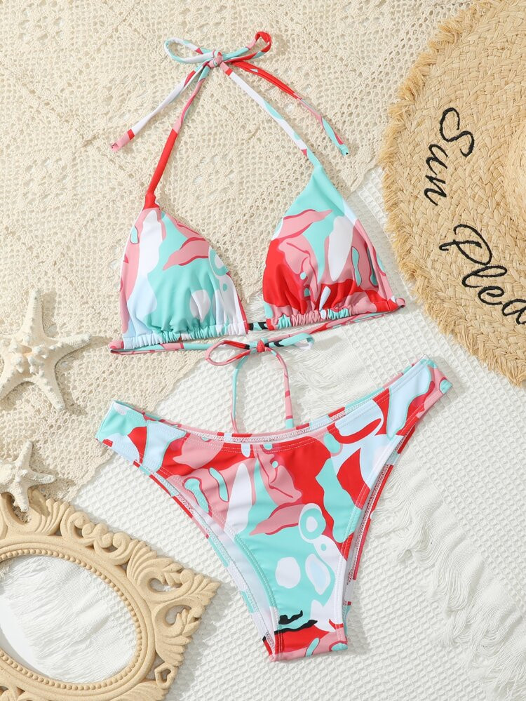 Random Graphic Print Tie Back Halter Bikini Swimsuit | SHEIN