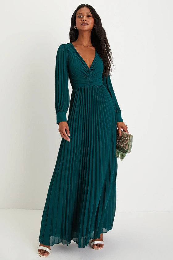 Sophisticated Grace Emerald Green Pleated Long Sleeve Maxi Dress | Lulus