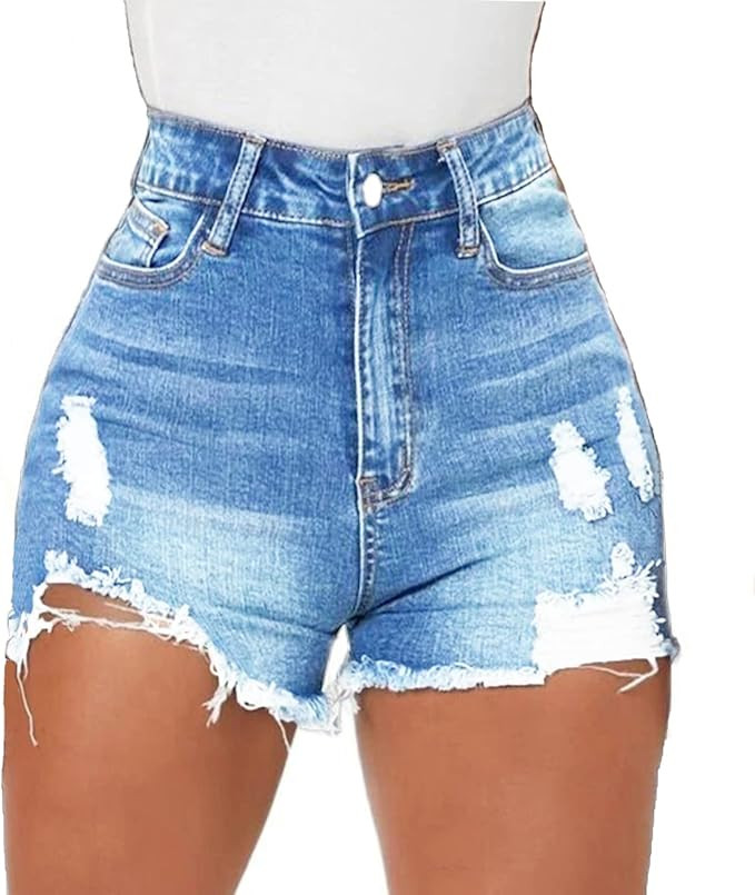 Women High Waisted Skinny Stretchy Denim Shorts Casual Summer Frayed Raw Hem Distressed Ripped Sh... | Amazon (US)