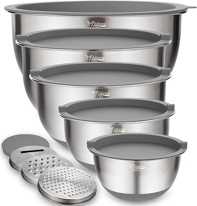 Wildone Mixing Bowls Set of 5, Stainless Steel Nesting Bowls with Grey Lids, 3 Grater Attachments... | Amazon (US)