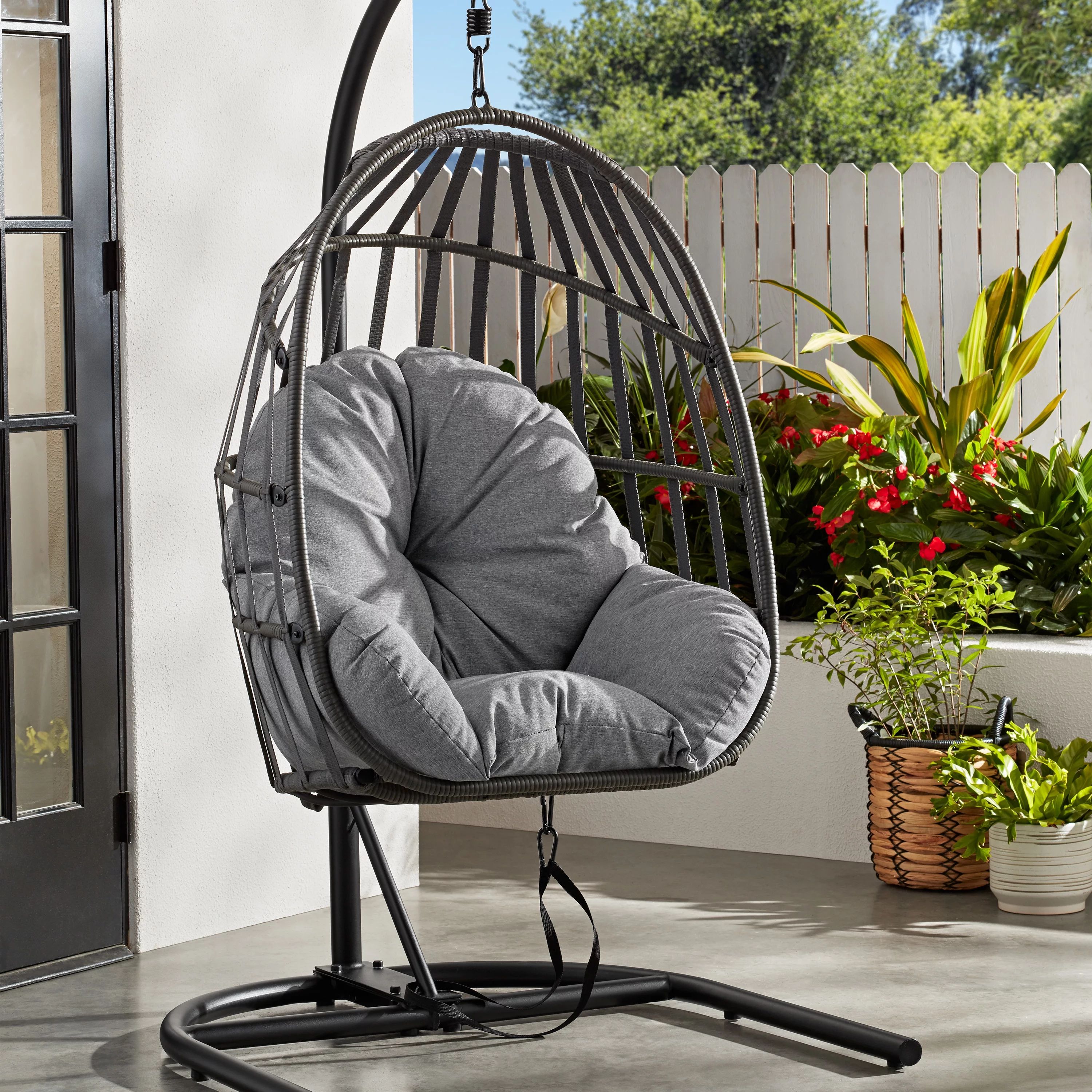 Mainstays Wicker Outdoor Patio Hanging Egg Chair with Gray Olefin Cushion and Black Metal Stand, ... | Walmart (US)