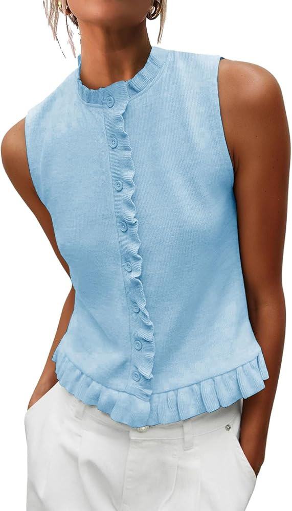 Womens Sleeveless Sweater Vest Mockneck Button Down Vacation Tank Top Summer Ruffle Going Out Ves... | Amazon (US)