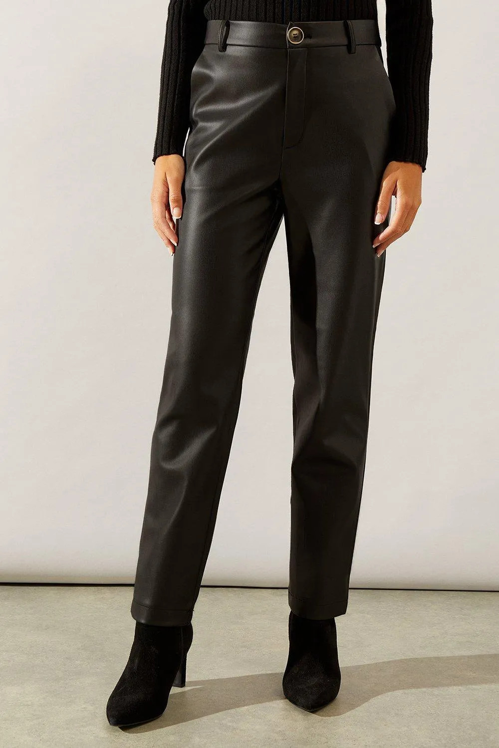 Trousers | Black Faux Leather Straight Leg Trousers | Wallis | Debenhams UK
