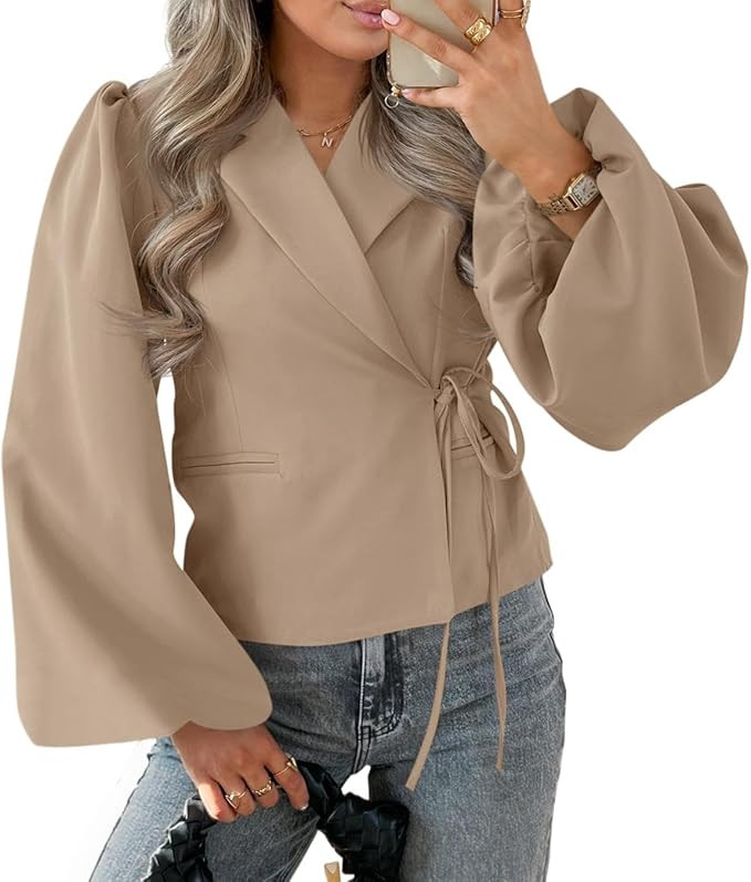 Cicy Bell Womens Puff Long Sleeve Blazers V Neck Wrap Cropped Trench Coat Work Office Dressy Casu... | Amazon (US)
