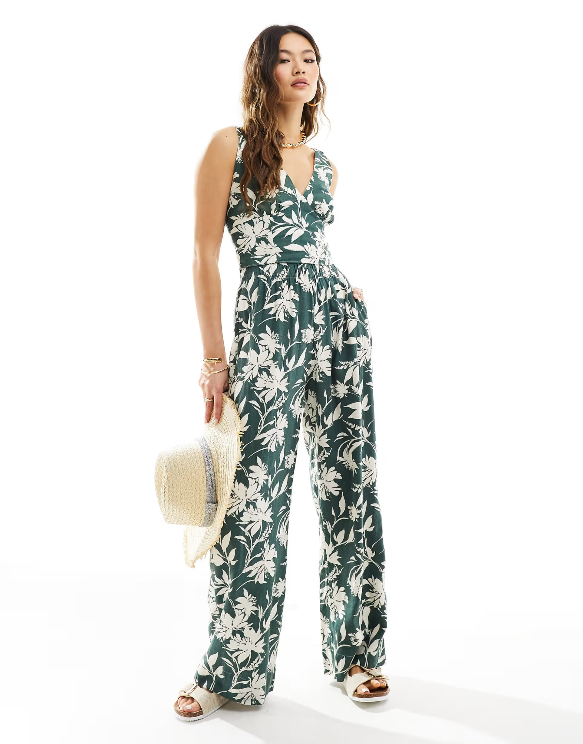Abercrombie & Fitch co-ord wide leg linen blend trouser with elastic waist in green floral print | ASOS (Global)
