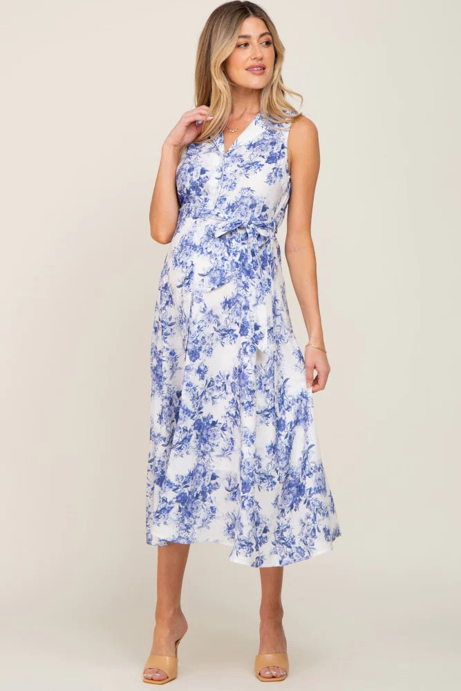 White Floral Button Front Collared Maternity Midi Dress | PinkBlush Maternity