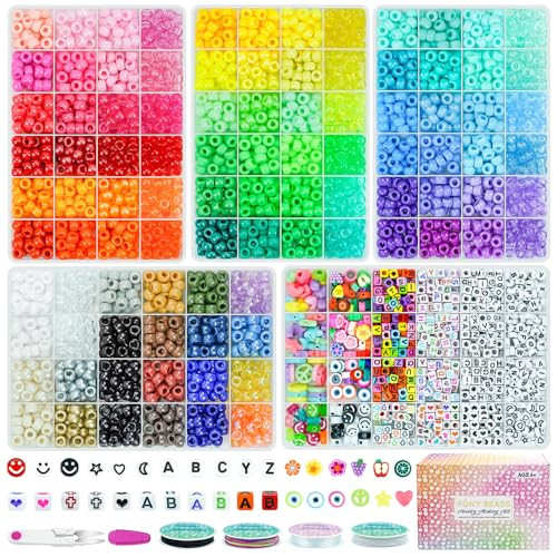 5 Boxes Pony Beads for Bracelets, 96 Colors 6x9mm Friendship Bracelet Making Kit Large Plastic Ka... | Amazon (US)