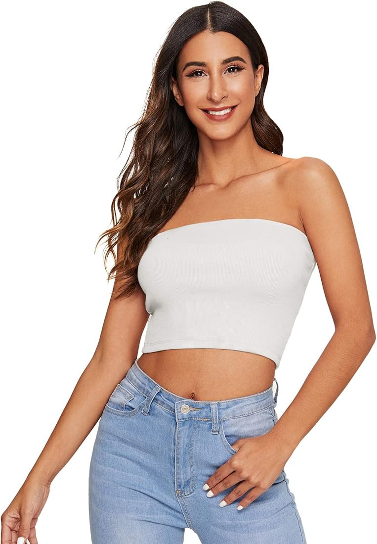 SheIn Women's Casual Summer Solid Knit Strapless Basic Crop Bandeau Tube Top | Amazon (US)