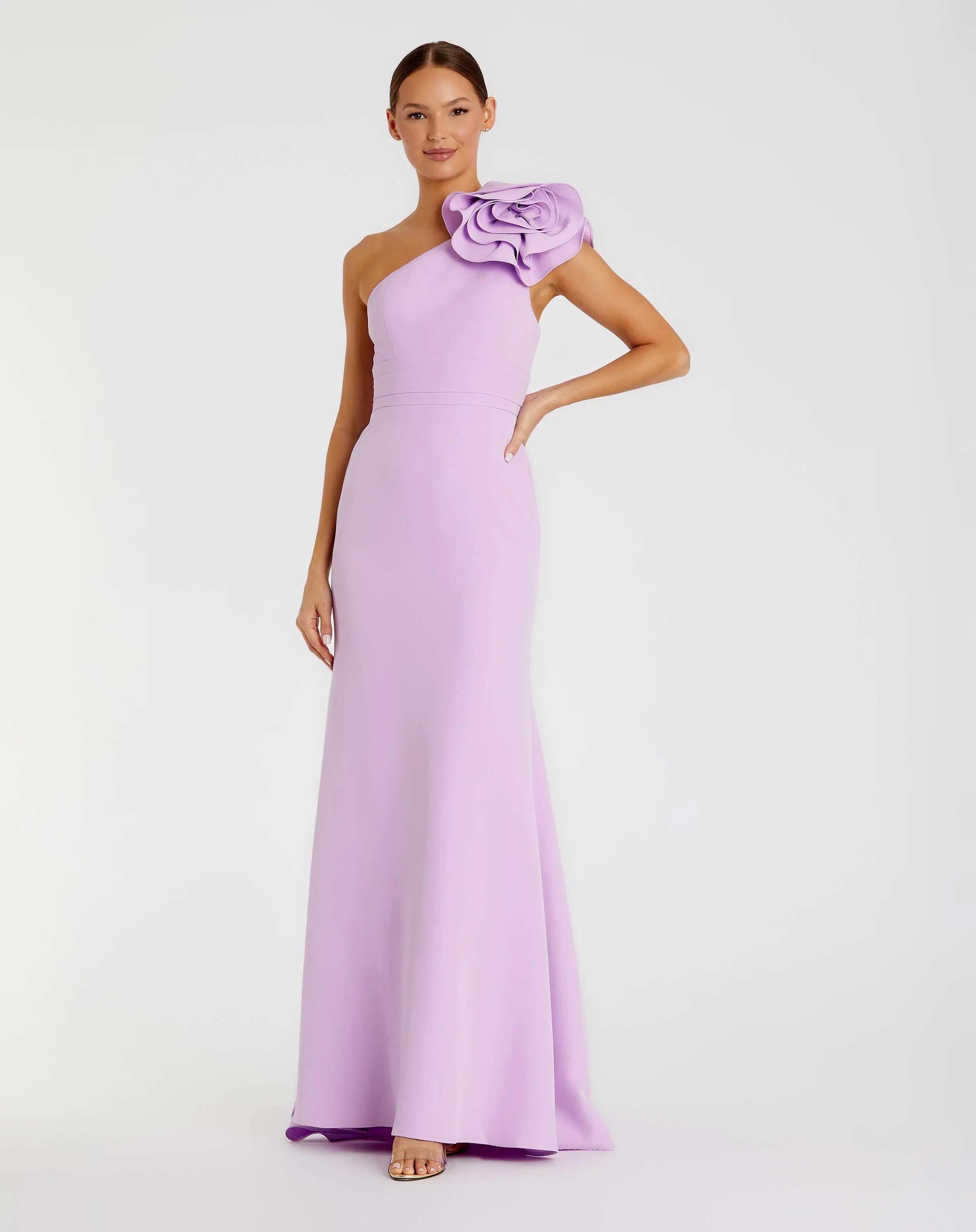 Purple One Shoulder Gown With 3D Flower | Mac Duggal | Mac Duggal