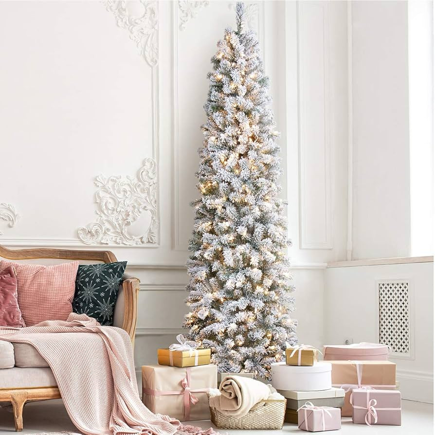 OasisCraft 6.5 Foot Prelit Snow Flocked Artificial Pencil Christmas Tree with 250 Clear Lights, H... | Amazon (US)