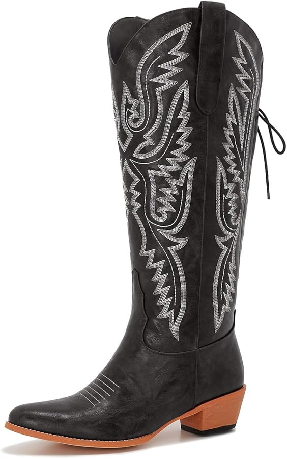Uillnoodu Wide Calf Cowboy Boots Women Adjustable Lace Up Knee High Tall Plus Size Cowgirl Boots ... | Amazon (US)
