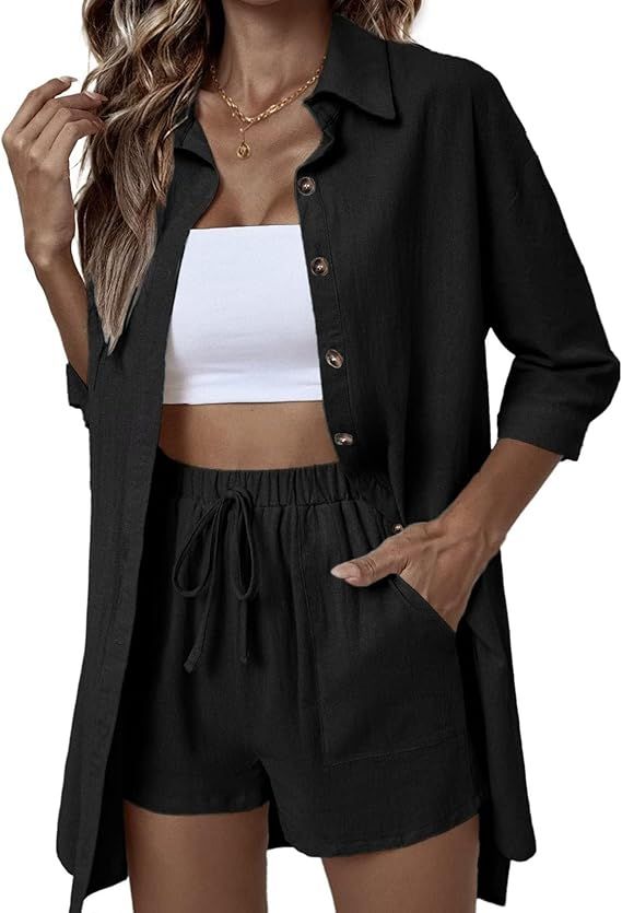 ELESOL Women 2 Piece Outfit Sets Cotton Linen Button Down Shirt and Shorts Lounge Tracksuit Sets | Amazon (US)