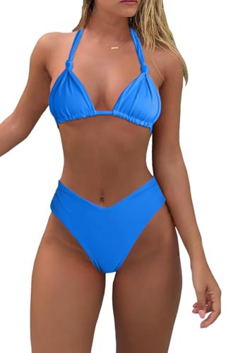 Blue High Cut Bikini Sets for Women Cheeky High Waisted Two Piece Swimsuits Solid Halter Triangle Push Up Bathing Suit XL | Amazon (US)