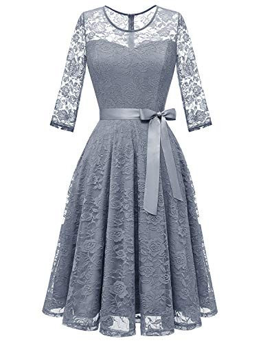 Dressystar Women’s Floral Lace Formal Wedding Guest Dress Elegant Midi Long Sleeves Bridesmaid Dresses with Illusion Neckline Grey Size M | Amazon (US)