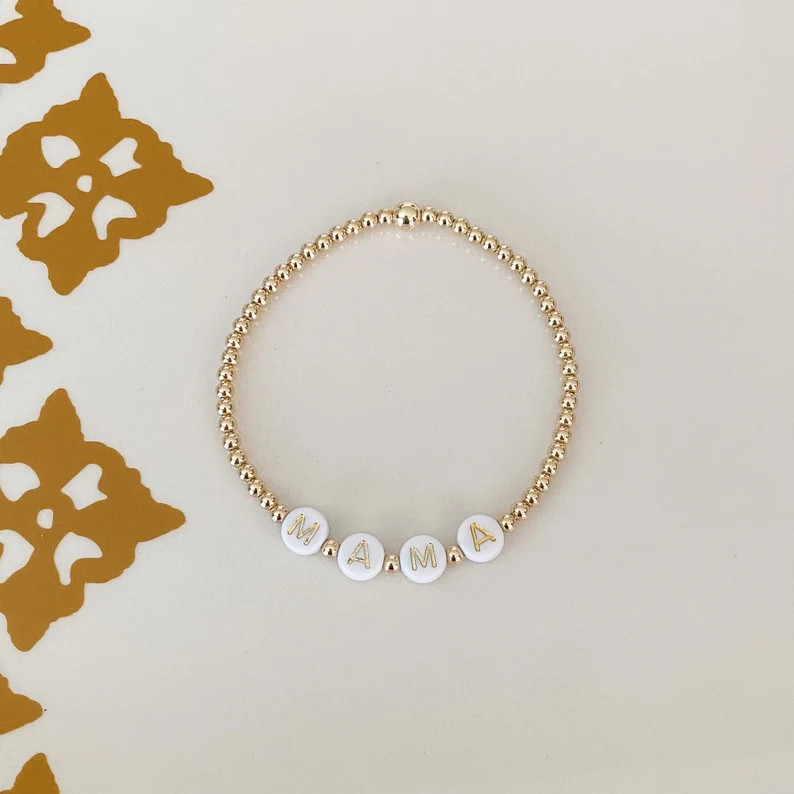 14k Gold Filled Beaded Mama Bracelet Stretchy 3mm custom word | Mother's day gift | Etsy (US)