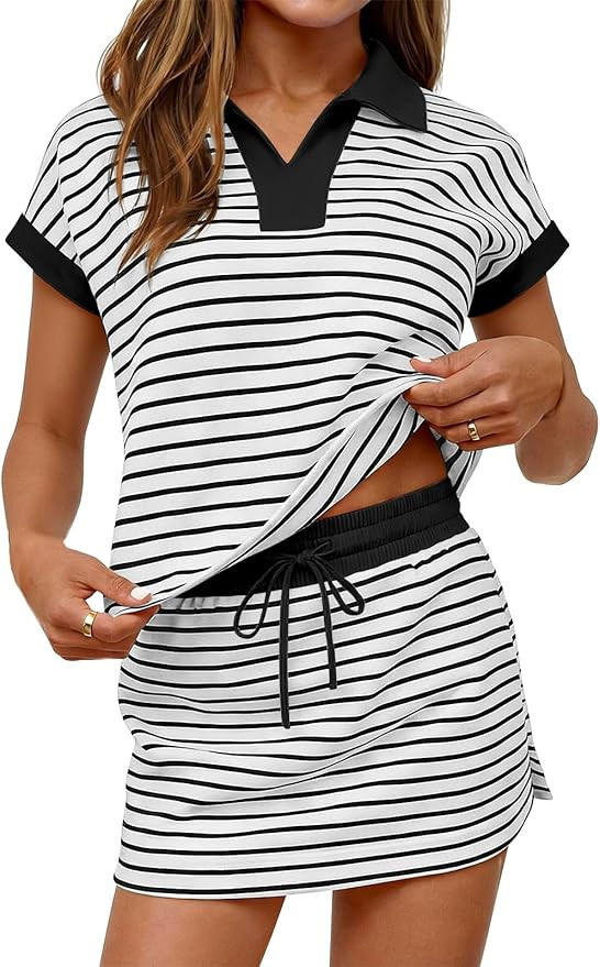 Womens Striped 2 Piece Outfits Short Cap Sleeve Elastic Waist Skort Lounge Set V Neck Tops and Sk... | Amazon (US)