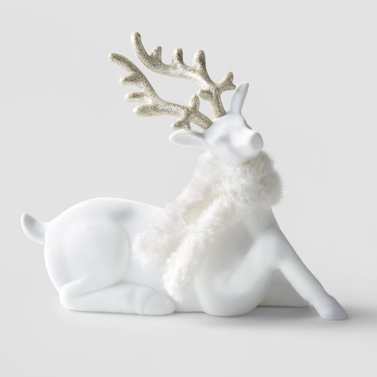 8.5&#34; Flocked Sitting Deer Decorative Figurine with Gold Glitter Antlers White - Wondershop&#8... | Target