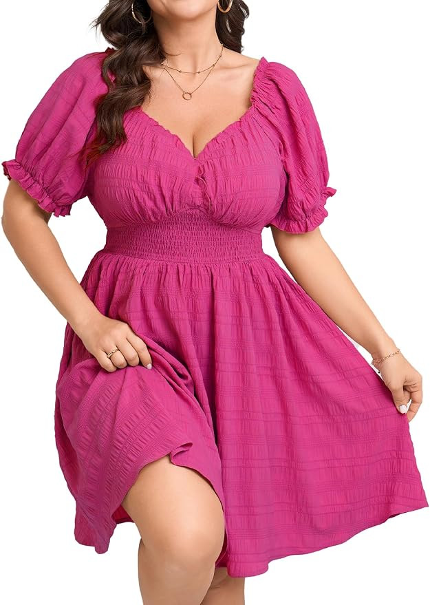 SCOMCHIC Womens Plus Size Summer Dresses Casual Sun Dress Sweetheart V Neck Puff Short Sleeve Smo... | Amazon (US)
