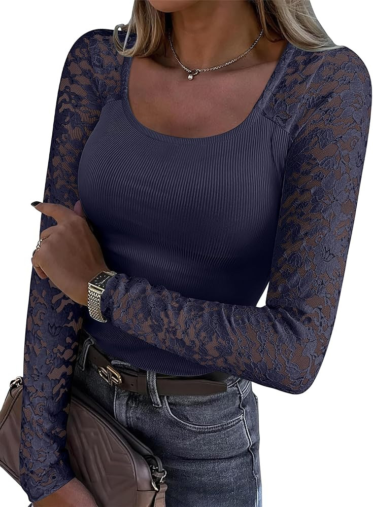 ANRABESS Womens Long Sleeve Shirts Scoop Neck Lace Going Out Tops Slim Fit Rib Knit Casual Blouse... | Amazon (US)