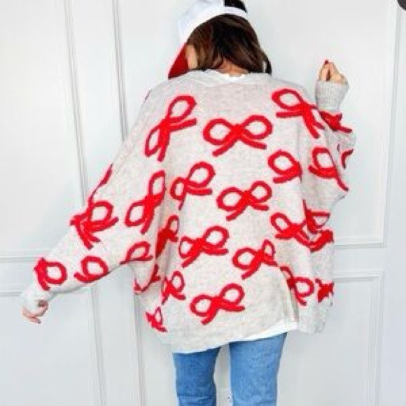 Bucket List Oversized Cream-colored Knit Cardigan with Red Ribbon Bow Details | Poshmark