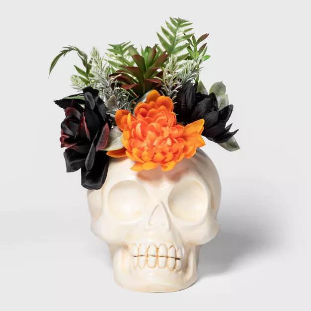Ghoulish Garden White Skull with Orange Flowers Halloween Artificial Plant - Hyde & EEK! Bout... | Target