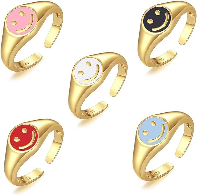 5 Pcs Smiley Face Rings,Gold Smile Ring for Women Girls Happy Face Rings Colorful Open Rings | Amazon (US)