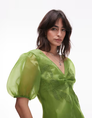 Topshop embroidered organza puff sleeve top in green | ASOS (Global)