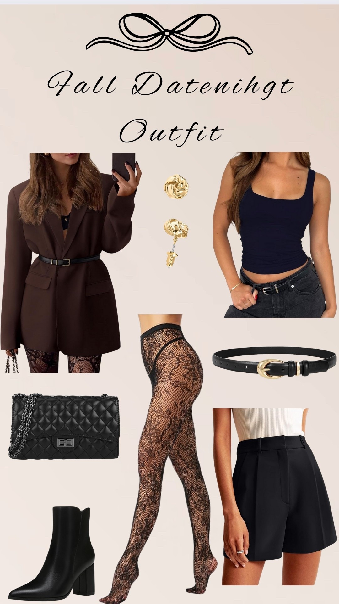 A bold and fun fall date night idea! 

I love pairing brown with black. Paired a brown blazer with a pair of black high waist shorts, mesh tights underneath, a black tank top, and accessories to match!

Black booties, black quilted handbag, mini gold knot earrings, black belt, fall outfit ideas, workwear, thanksgiving outfit ideas

#LTKootd #LTKWorkwear #LTKHoliday