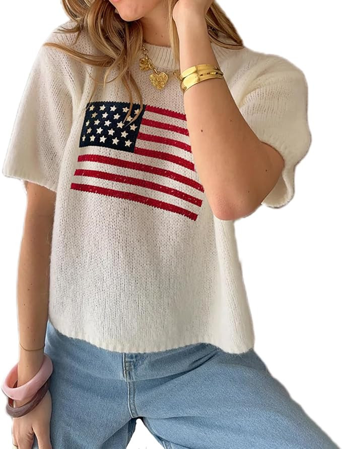 Women American Flag Sweater Short Sleeve Crewneck USA Graphic Patriotic Knit T-Shirt 4th of July ... | Amazon (US)