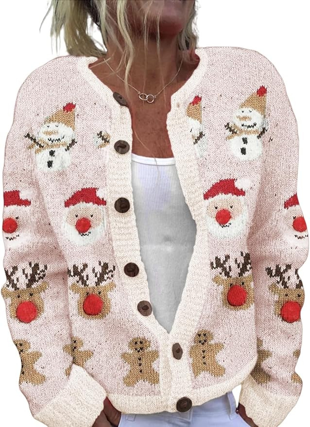 Women's Funny Fall Winter Animal Floral Christmas Tree Long Sleeve Button Knit Cardigan Sweater | Amazon (US)
