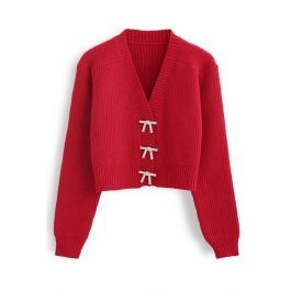 Bowknot Brooch Button Up Crop Knit Cardigan in Red | Chicwish