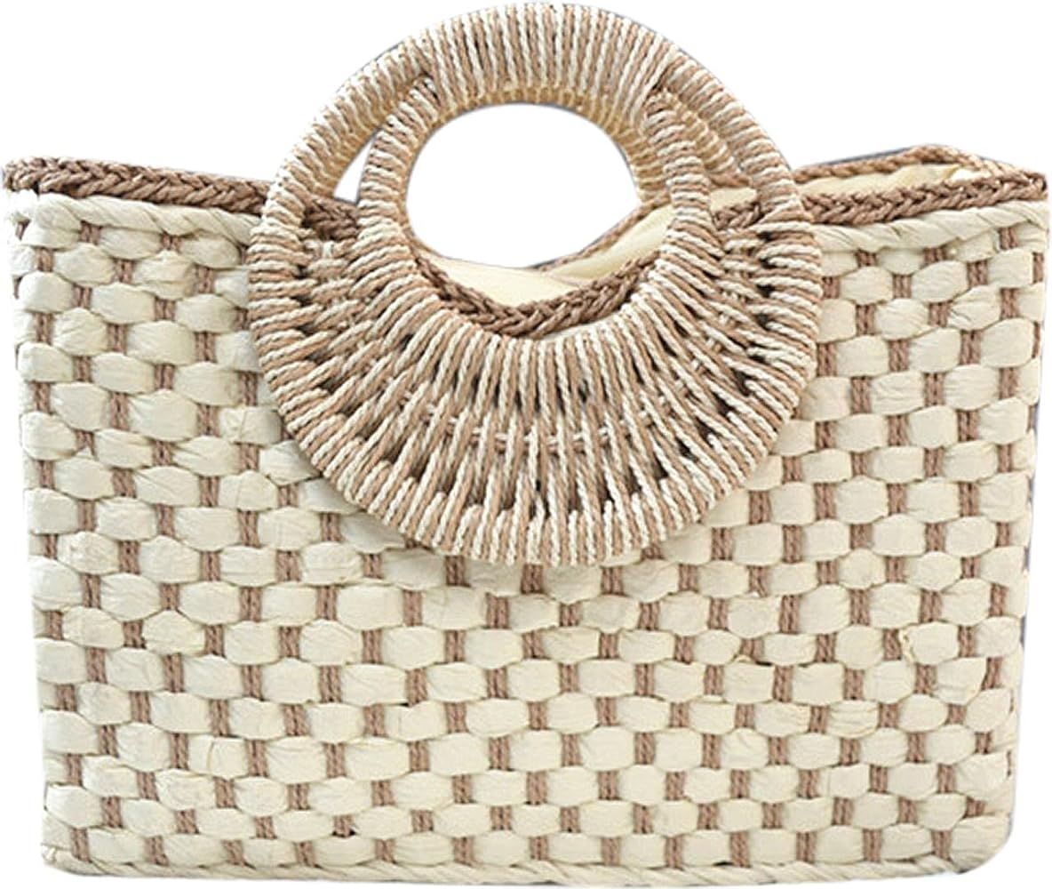 QZUnique Hand-woven Straw Bag Women Summer Beach Handbag Purse Retro Rattan Tote Clutch Travel Ba... | Amazon (US)