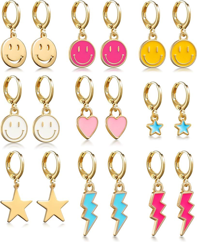 LieToi 9 Pairs Preppy Earrings Pack with Colorful Happy Smile Lightning Bolt Heart Star Charms Penda | Amazon (US)