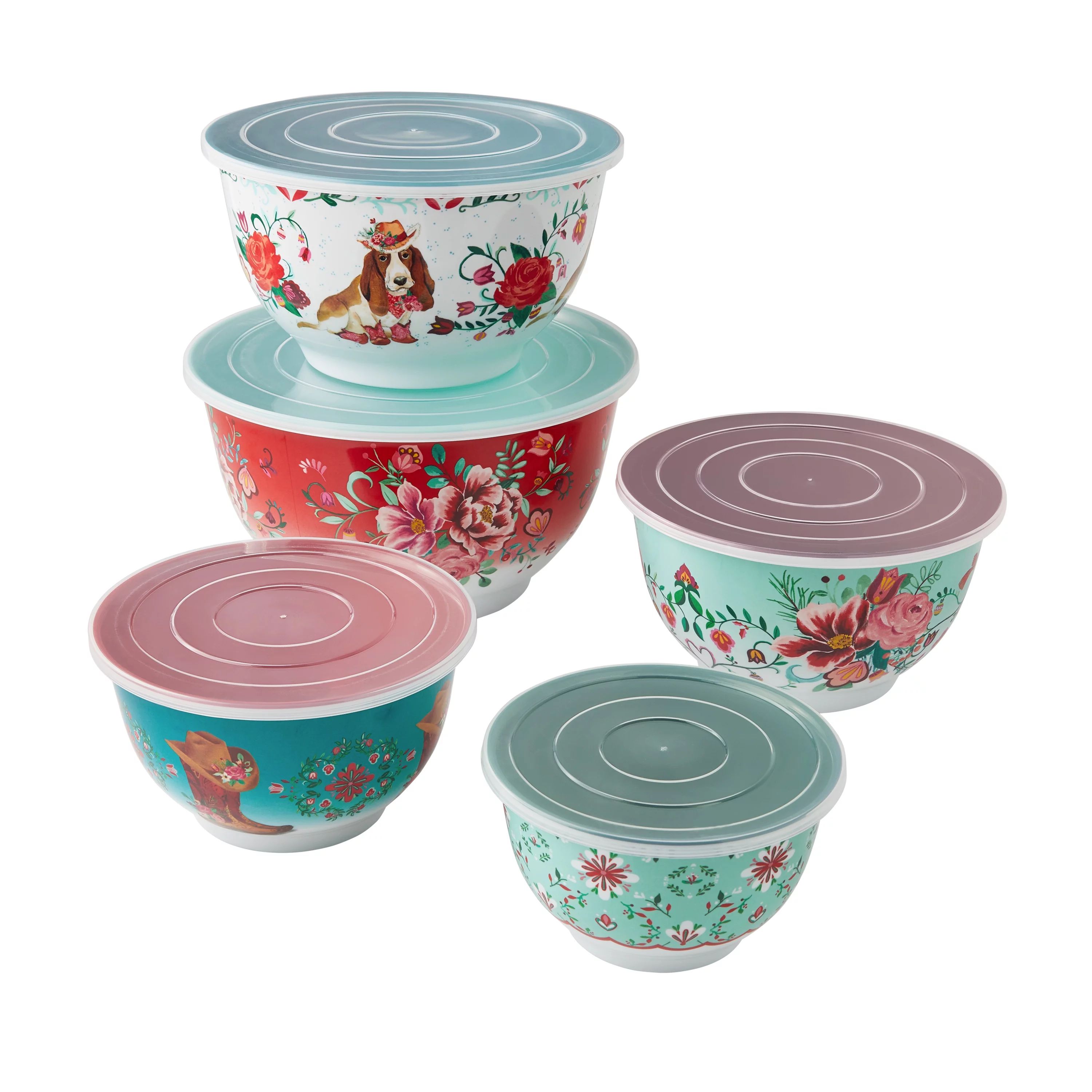 The Pioneer Woman Merry Meadows 10-Piece Melamine Mixing Bowl Set with Lids | Walmart (US)