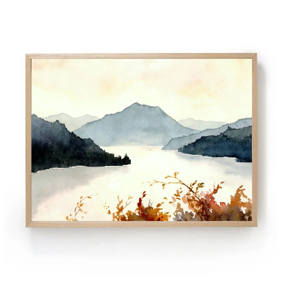 Mountain lake wall art sunset lake watercolor painting large fine art print mountains painting pa... | Etsy (US)