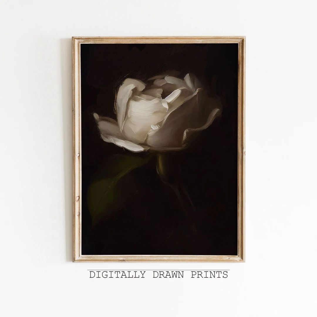 Vintage Moody White Rose Print Dark Academia Botanical Wall - Etsy | Etsy (US)