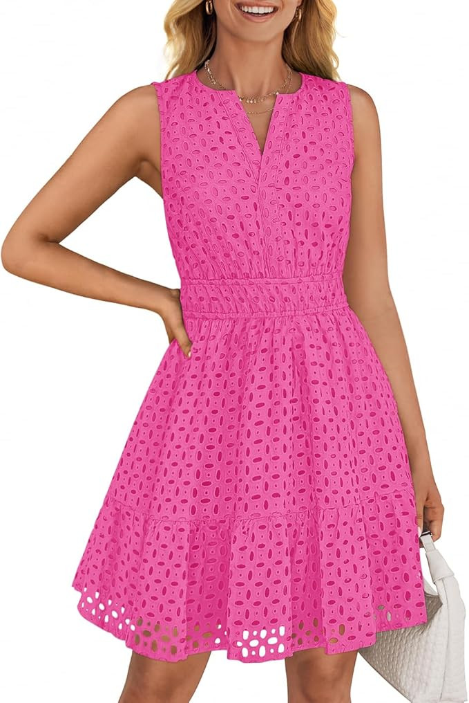 ZESICA Women's Summer Sleeveless Mini Dress V Neck Hollow Out Eyelet High Waist A Line Swing Shor... | Amazon (US)