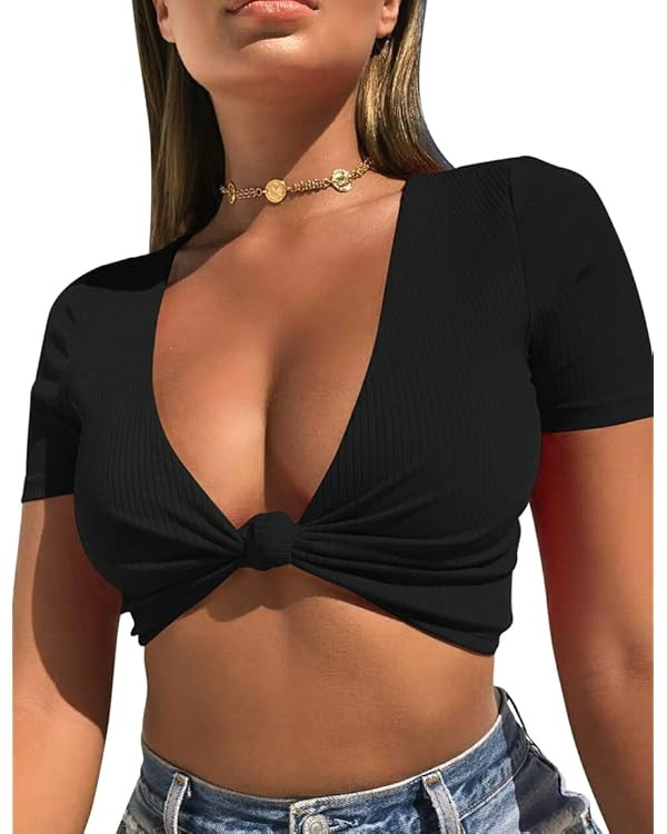 Mizoci Women's Sexy Knot Front Crop Top Deep V Neck Short Sleeve Basic Casual T Shirt | Amazon (US)