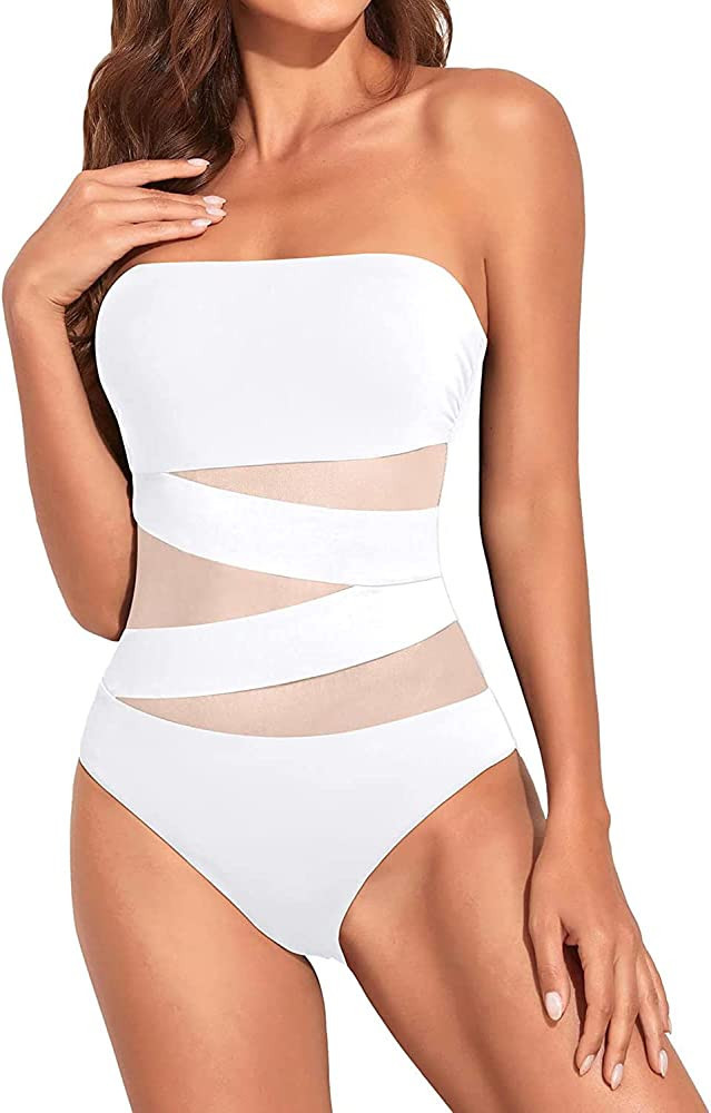 Holipick Women Strapless Bandeau One Piece Swimsuits Sexy Mesh Cutout Bathing Suits, Beach Style ... | Amazon (US)
