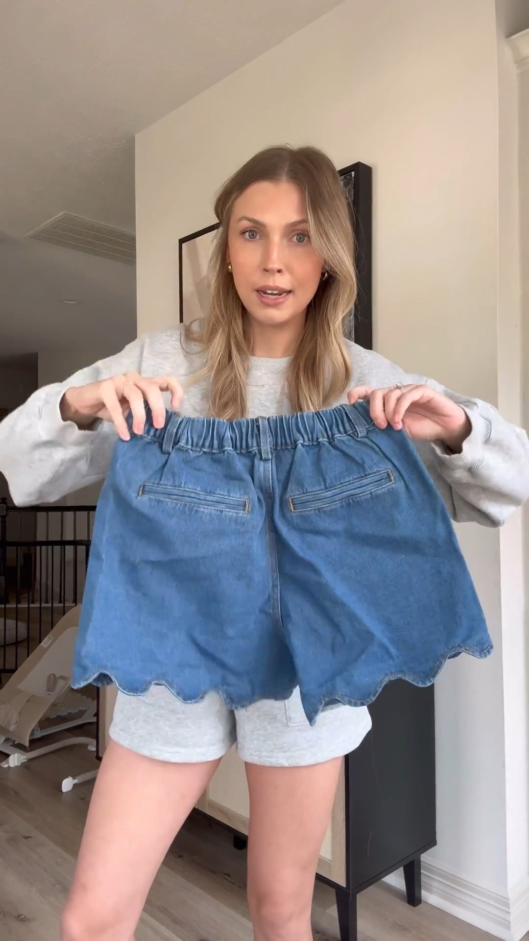 The cutest scalloped detail denim shorts! Stretchy waist band in the back, so makes them perfect for postpartum. Wearing S  

#LTKFindsUnder50