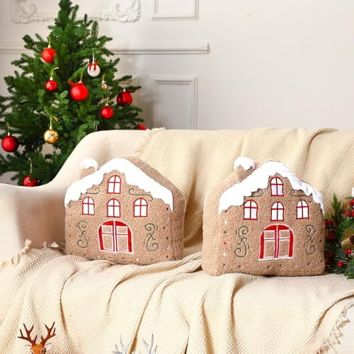 HunnmingRe 2 Pcs Gingerbread House Merry Christmas Throw Pillow Plush Stuffed Gingerbread House Pillow 12.6 Cute Xmas Decorative Cushion Pillows for Christmas Party Decorations | Amazon (US)