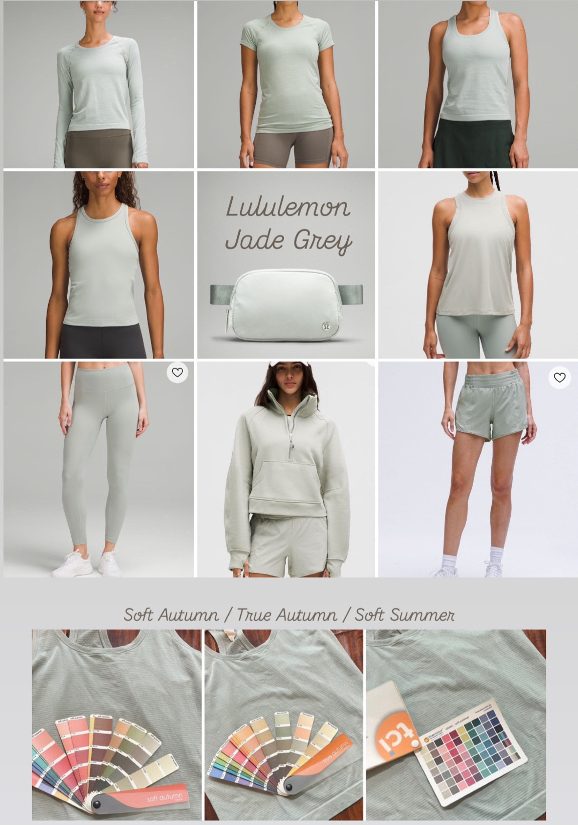 Lululemon Jade Grey

A soft, grey green. Best for soft seasons

#hocautumn
#softautumn
#softsummer
#trueautumn

#LTKFitness #LTKStyleTip #LTKActive