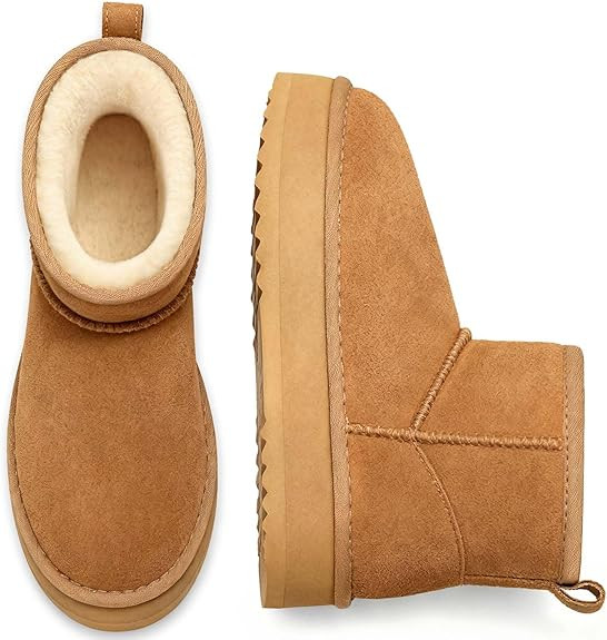 Litfun Suede Platform Mini Boots for Women Genuine Leather Fuzzy Ankle Winter Snow Boots with Fur... | Amazon (US)