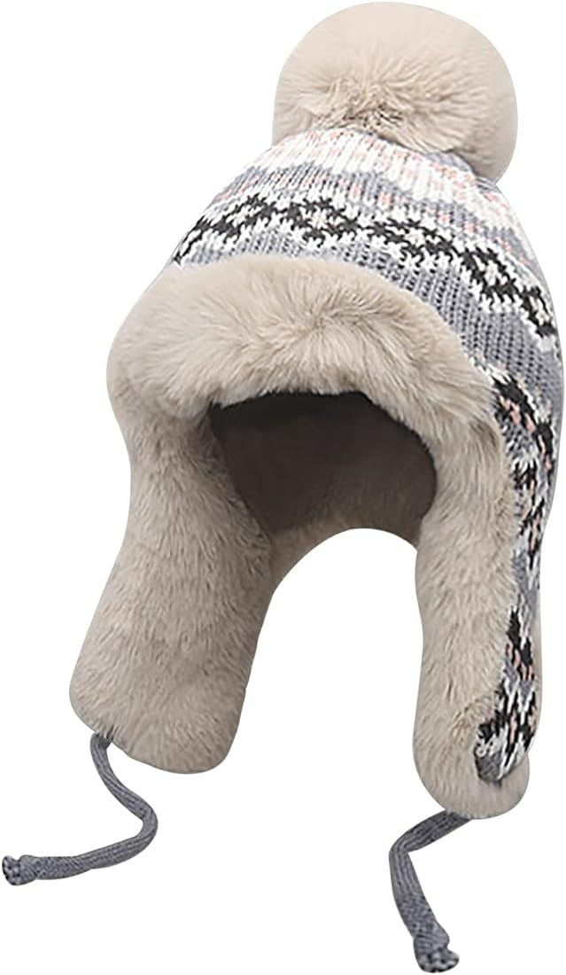 NICEYST Women Winter Beanie Hat Thick Fleece Lined Warm Earflap Trapper Hat Pom Pom Jacquard Knit... | Amazon (US)