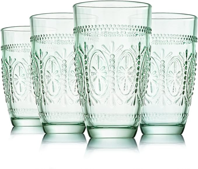 CREATIVELAND 4 Pack Colored Vintage Drinking Glasses, 15.5 oz Romantic Embossed Water Glasses, Co... | Amazon (US)