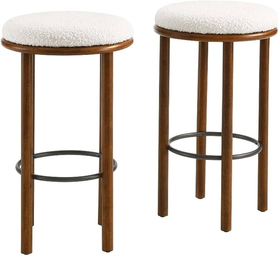 Modway Fable 30 Inch Backless Wood Bar Stools Set of 2 in Walnut Ivory - Upholstered Padded Boucl... | Amazon (US)