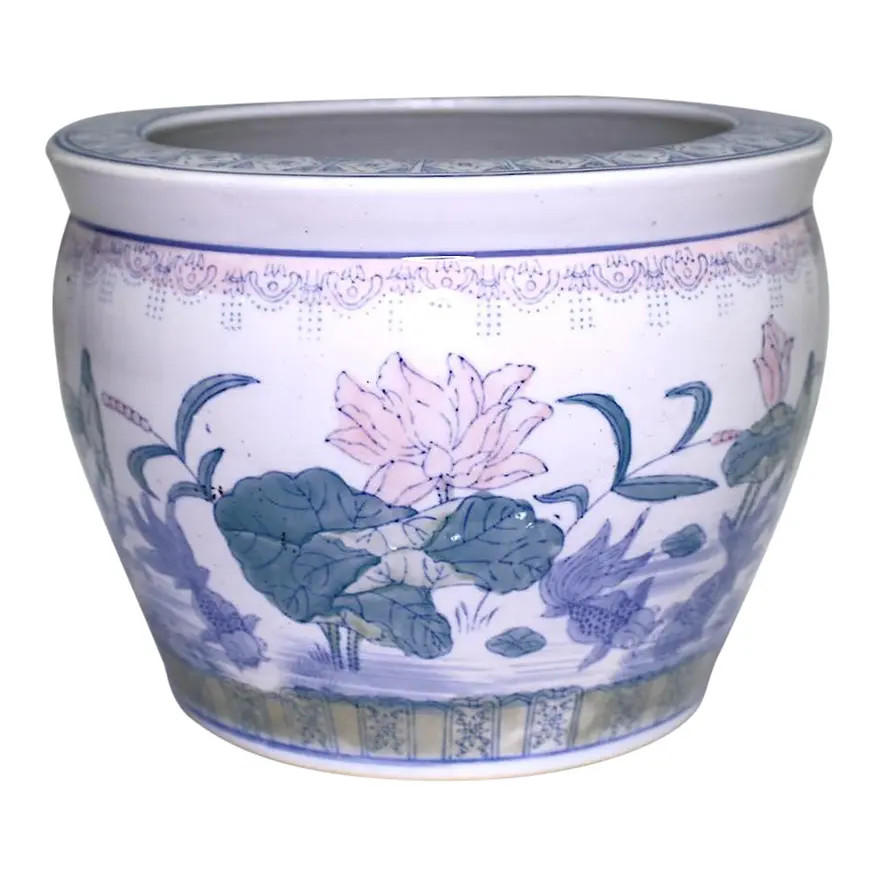 Vintage Chinese White Porcelain Fishbowl Planter With Goldfish and Lotus | Chairish