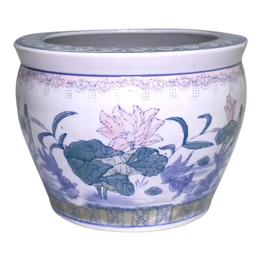 Vintage Chinese White Porcelain Fishbowl Planter With Goldfish and Lotus | Chairish