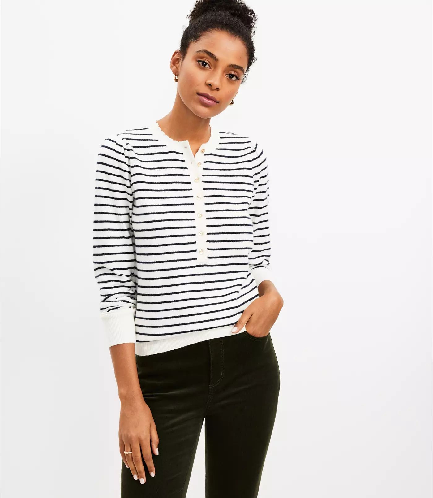 Striped Puff Sleeve Henley Sweater | LOFT