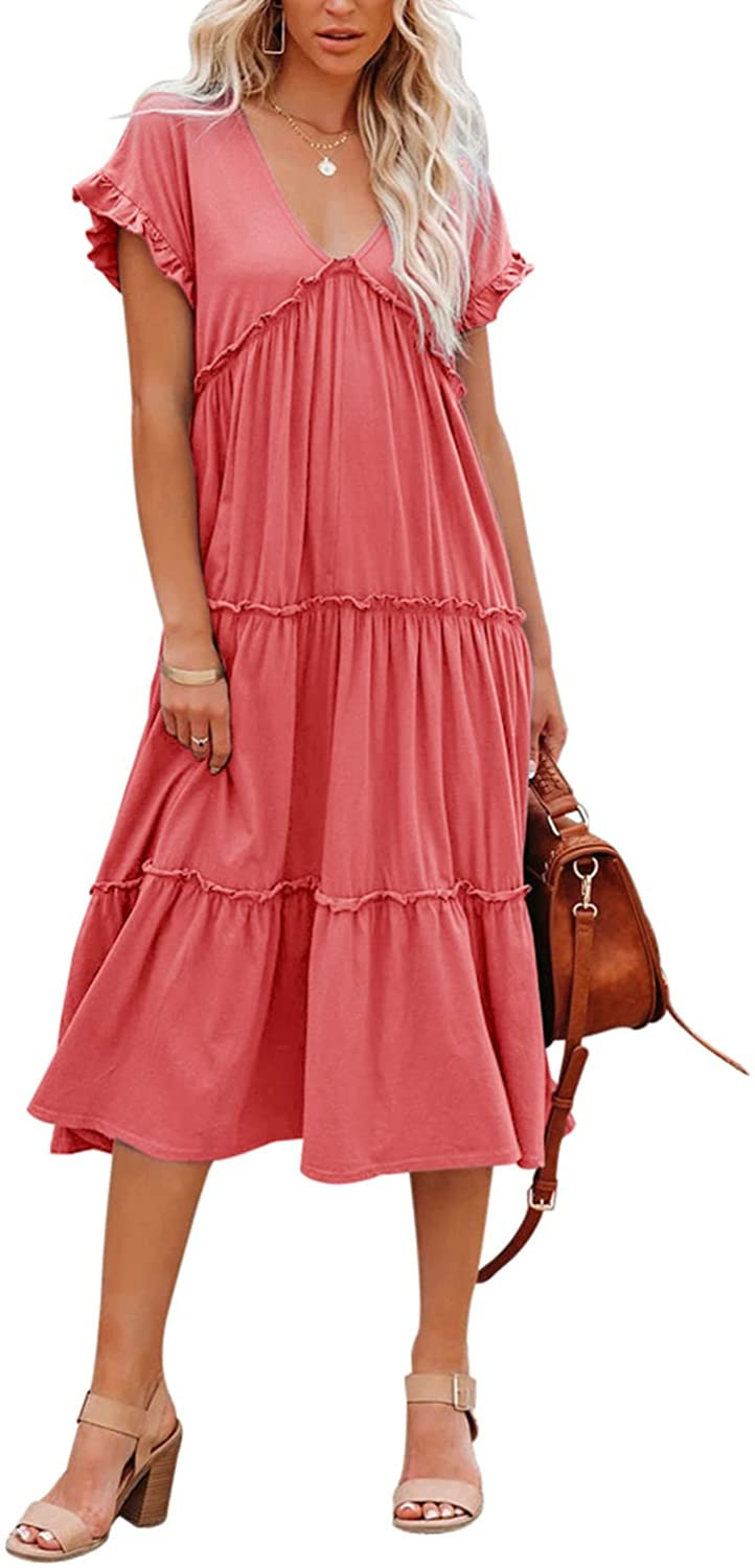 Fazortev Womens Summer Deep V Neck Short Sleeve Tiered Midi Dress Cute Smocked Ruffle Loose Casua... | Amazon (US)